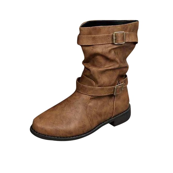 LOVZFMLL Bottes pour Femmes Mi-Mollet Bottes Stovepipe Boucle Bout Rond Antidérapantes Talon Bloc Bas en Suède Bottes d'Automne Hiver
