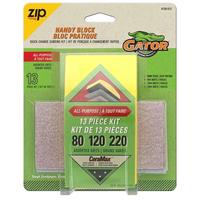 GATOR ZIP Hook & Loop Handy Block Sanding Kit, Assorted Sizes with a yellow ergonomic high-density foam sanding block and 12 assorted grit sandpaper sheets in 80, 120, and 220 grits, designed for sanding wood, metal, fiberglass, and painted surfaces, featuring quick-change hook and loop backing for easy sheet replacement, displayed in green and beige retail packaging with bilingual English and French text.