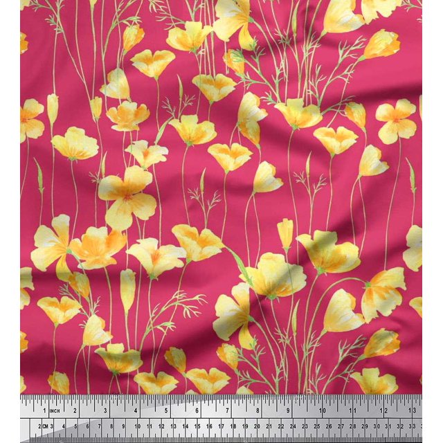 Soimoi Polyester Crepe Fabric Buttercup Floral Print Fabric by The Yard 42 Inch Wide