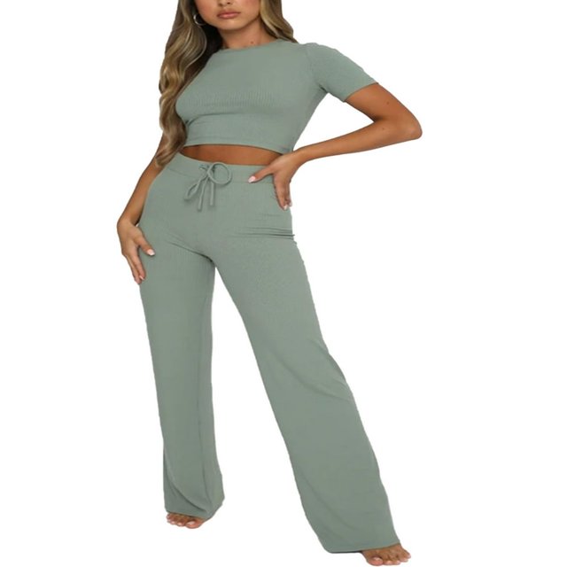 Womens Knit Drawstring Pants Straight Wide Leg Solid Color Yoga Sweatpants Loose Fit Soft Long Pants