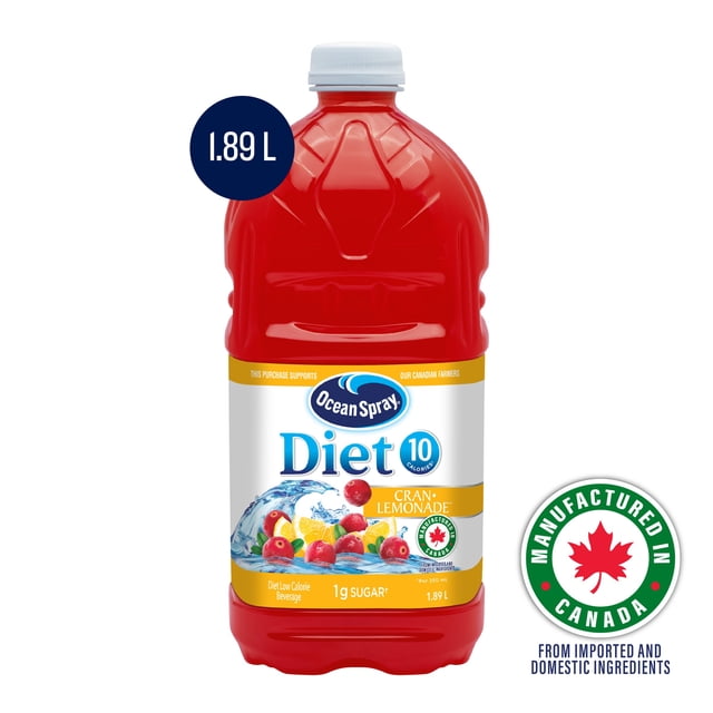 Ocean Spray cannberge et limonade diète1,89 l, seulement 10 calories par portion de 250 ml. Élaborée à partir de vrai jus de fruit. Recyclable