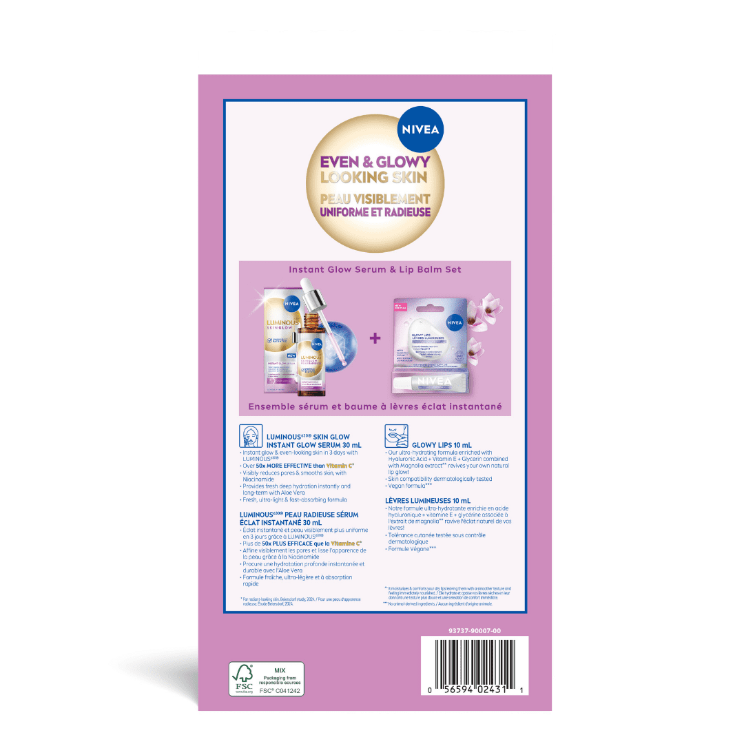NIVEA Luminous Glow Lip Balm & Face Serum Gift Set for Her, 2-Piece