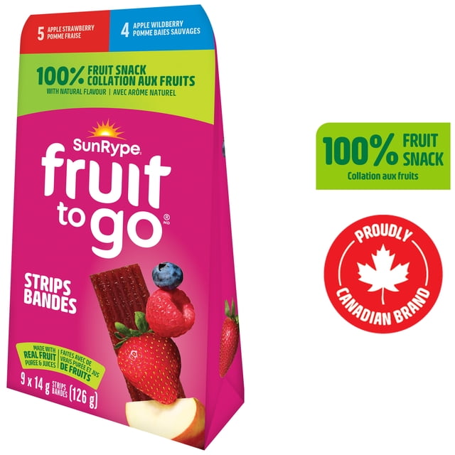 SunRype Fruit to Go 100% Fruit Snack Pack with 5 apple strawberry and 4 apple wildberry fruit strips, vegan, gluten-free, nut-free, and made with real fruit puree and juices, in a pink and green bag featuring images of strawberries, raspberries, blueberries, and apple slices, suitable for on-the-go snacks or lunchboxes.