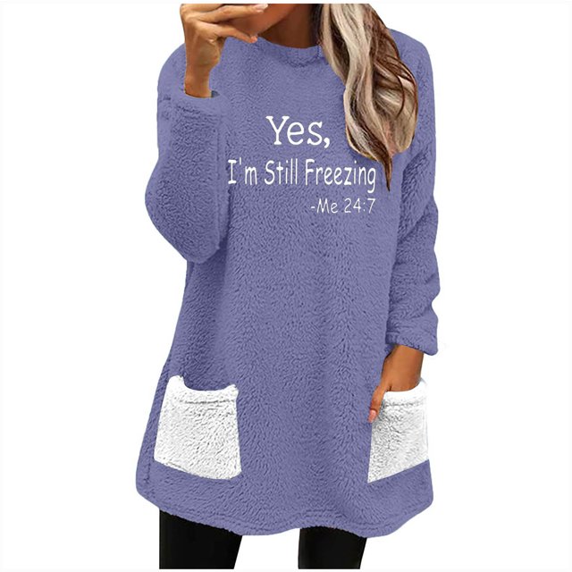 Penkiiy Chandails Molletonnés Doublés en Sherpa pour Femmes, Col Rond, Chandail Molletonné Duveteux, Chandail d'Hiver Chaud avec Poches 2024 m Violet