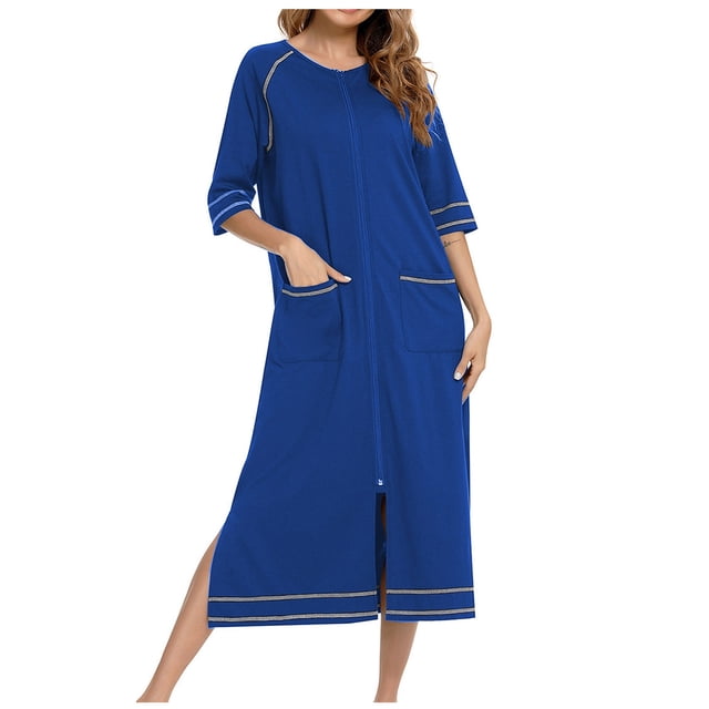 yievot Robe de Maison pour Femmes Longue à Fermeture Éclair devant Peignoirs Chemises de Nuit avec Poches Tenue d'Intérieur