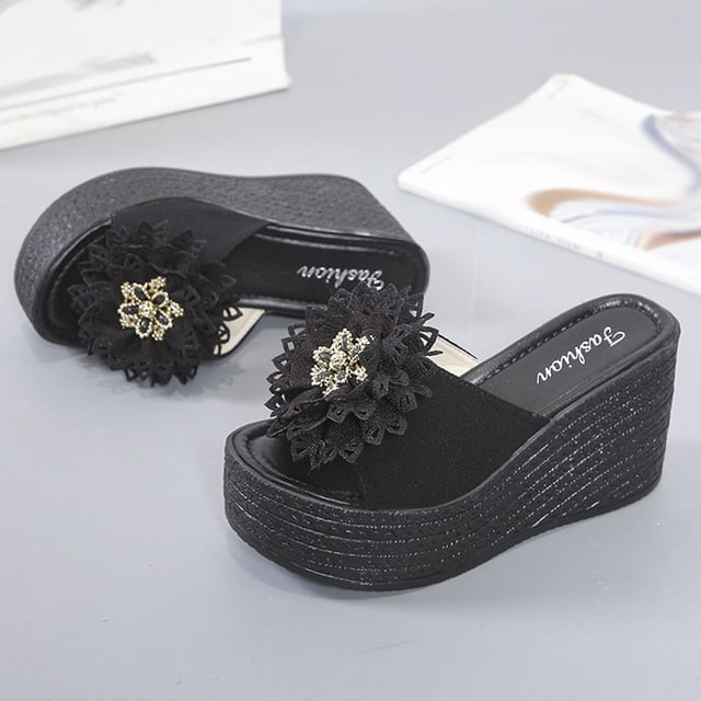 LSLJS Sandales Femmes Décontractées à Bout Ouvert Talons Hauts Épais Wedge Chaussures Fleurs Exquises Pantoufles