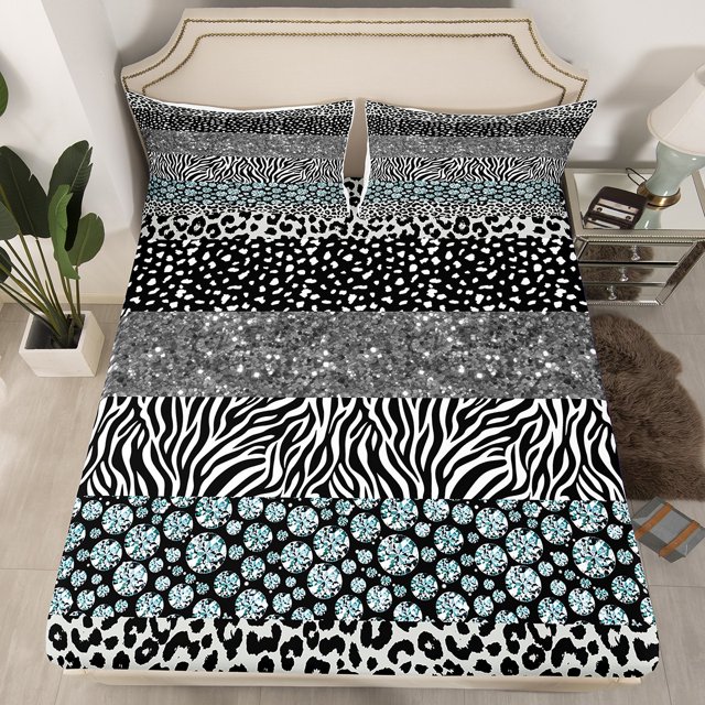 Drap-housse à Imprimé Léopard Format Simple, Ensemble de Literie Patchwork Peau de Guépard Zèbre Rustique, Déco de Chambre Filles Femmes, Draps de Lit Romantiques à Paillettes Scintillantes, Draps Chic Argent 2 Pcs (Sans Drap du Dessus)