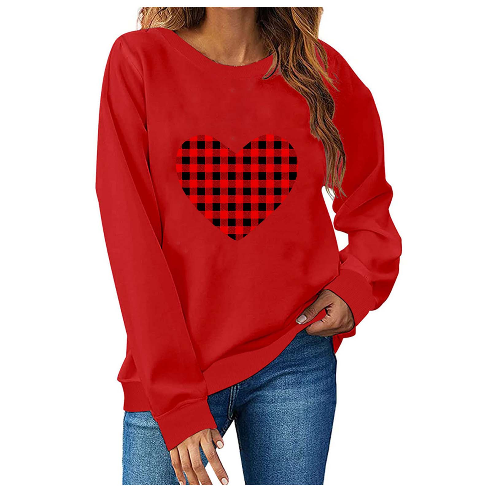 Printemps TIMIFIS Valentines Day Cadeaux pour Elle Chandail Cœur pour Femmes Mode Mignon Imprimé Amour Chandails à Col Rond Décontractés Manches Longues Tenues de Printemps Automne - Printemps/été