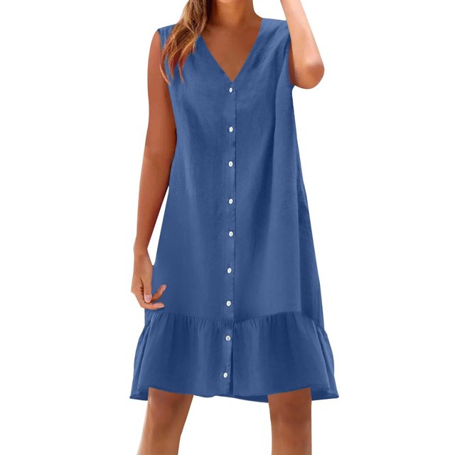 Dvprdro Robe d'Été Imitation Coton Lin pour Femmes Mode Décontractée Ample Couleur Unie Col en V Sans Manches Boutonnée Ourlet à Volants Robe de Plage Soleil