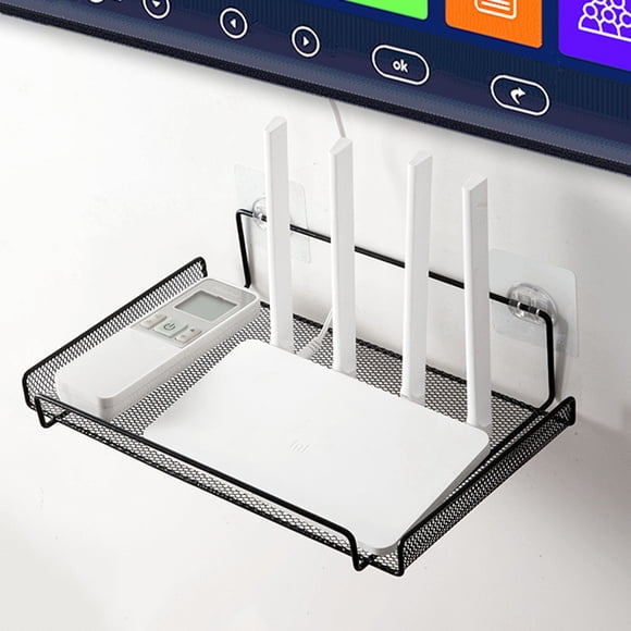 EGNMCR Punch Free Storage Rack Home Wall Mounted Router Storage Rack Home TV Set Top Box Storage Rack Router Storage Rack With Two Nonmarking Hooks Metal Storage Rack