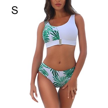 kurtrusly Women Swimsuit Zipper Sexy Swimwear Wireless Padded Beachwear Underwear, Green and White, S