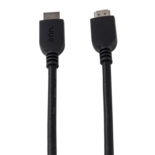 onn. 6 ft./1.8 cm 4K Optimized HDMI Cable with black molded connectors, one featuring the onn. logo, and a flexible black cable, optimized for high-speed 4K HDR video and rich audio, suitable for HDTVs, Blu-Ray players, and gaming consoles.
