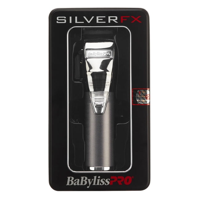 SilverFX Metal Clipper by BaBylissPRO in black packaging, featuring a metal clipper with knurled grip, stainless steel blade housing, cordless operation, lithium-ion battery, and USB-C charging, ideal for professional hair cutting tools.