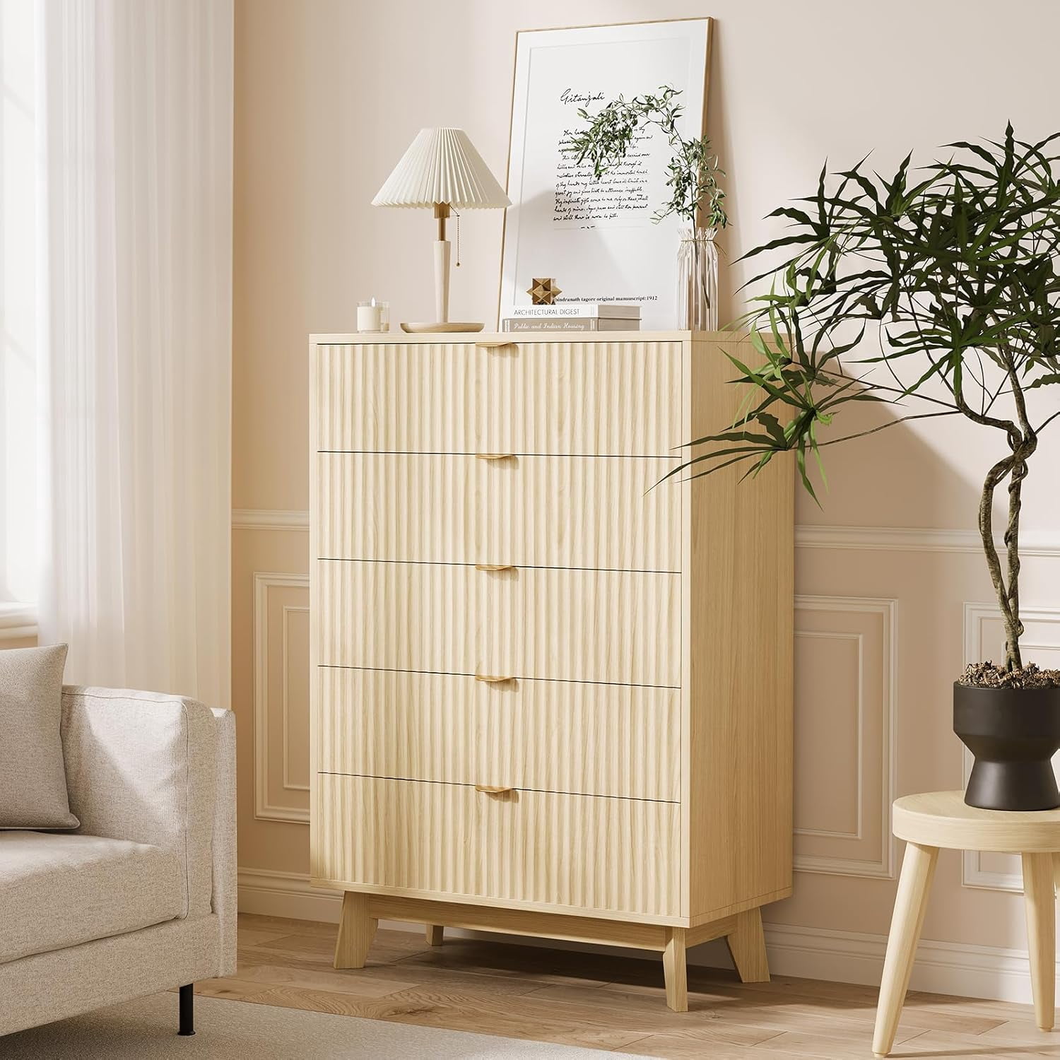 Fluted Dresser for Bedroom with 5 Drawer, Mid Century Modern Chest of Drawers, Large Boho Drawers Dresser with Deep Drawers, Wooden Dressers Organizer Storage TV Stand with for Bedroom, Natural