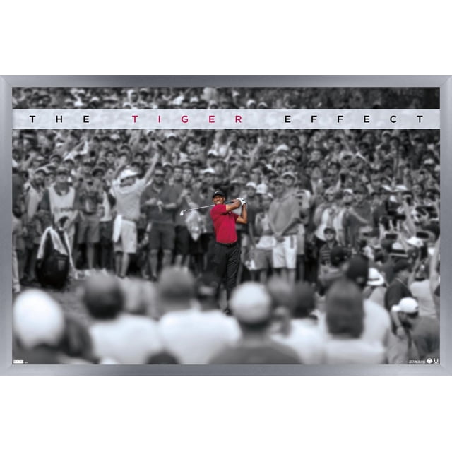 Tiger Woods - The Tiger Effect Wall Poster featuring a centered golfer in a red shirt and black pants swinging a golf club, set against a black-and-white crowd background with the text 'THE TIGER EFFECT' in uppercase letters at the top, printed on glossy poster paper suitable for home décor.