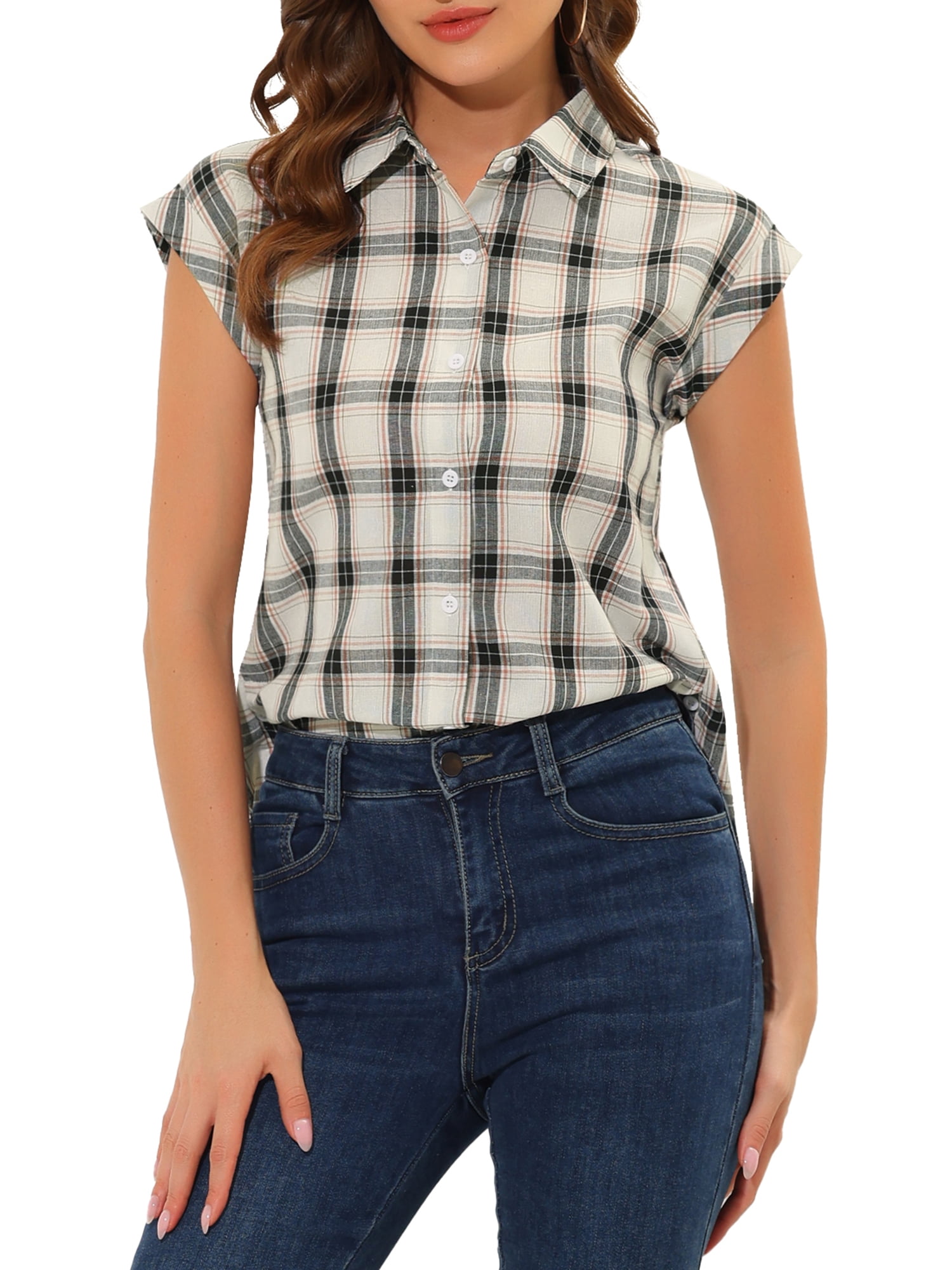INSPIRE CHIC Chemise à Carreaux pour Femme à Col Pointu, Manches Courtes à Revers, Boutonnée, S Blanc