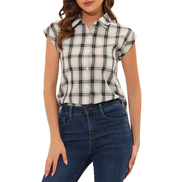INSPIRE CHIC Chemise à Carreaux pour Femme à Col Pointu, Manches Courtes à Revers, Boutonnée, S Blanc
