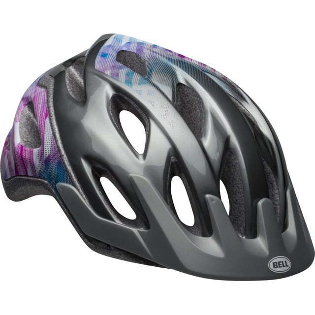 Bell Sports Cadence™ Adult Bike Helmet in grey with purple and blue accents, shown in a 3/4 angled view featuring 21 vents and aerodynamic design. Equipped with Spin Action Fit™ system for secure, adjustable fit, ideal for road and recreational cycling.