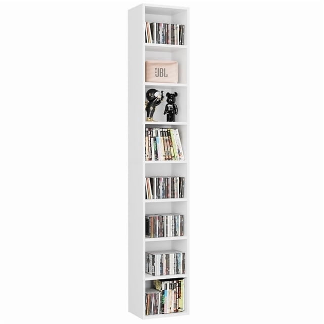 Homfa Tour Multimédia à 8 Niveaux, Grande Unité de Rangement Blanche pour CD et DVD en Panneau de Particules avec 4 Tablettes Ajustables. Idéale pour Organiser des Médias Vierges comme des CD et DVD, Elle Présente une Conception Mince Convenant aux Petits Espaces et Comprend un Dispositif Anti-Basculement pour la Stabilité. Parfaite pour le Rangement de Médias dans les Salons, les Chambres Ou les Installations Techniques.
