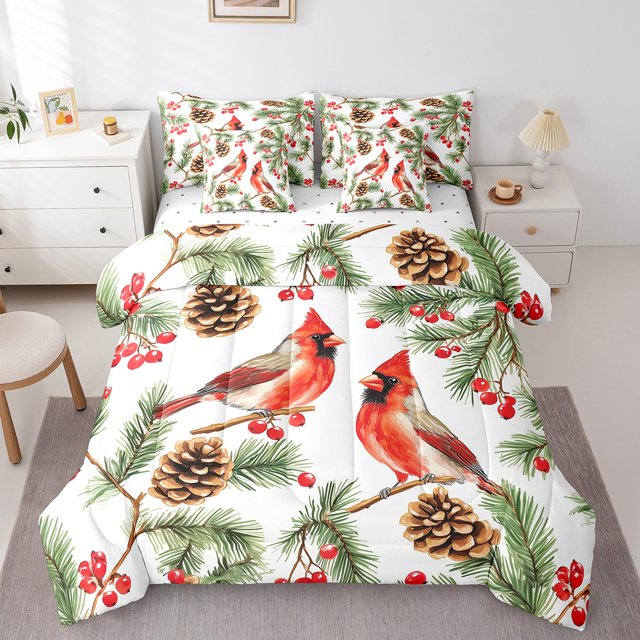 Ensemble de Literie Cardinal Très Grand Branches d'Arbre de Pin Housse de Couette, Peinture de Baies Rouges Ensemble de Draps Animaux Sauvages Oiseaux 7 Pcs Lit en Sac pour Enfants Garçons