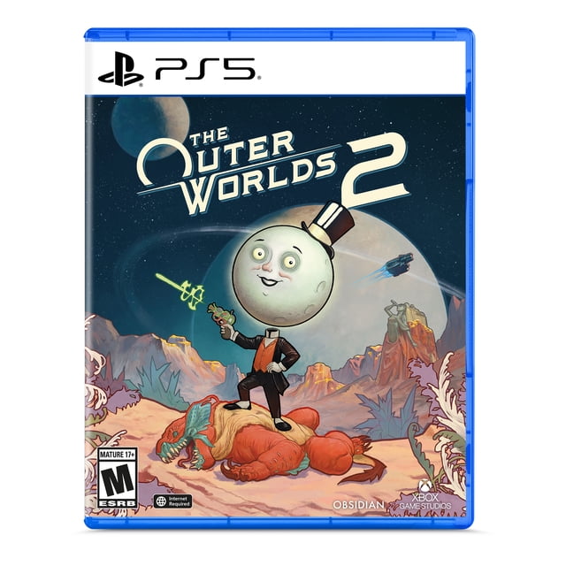 The Outer Worlds 2 – Standard Edition - PlayStation 5 game cover featuring a headless character in a suit holding a futuristic weapon, standing on a defeated alien creature in a colorful alien landscape with planets and a spaceship in the background, representing the sci-fi RPG adventure.