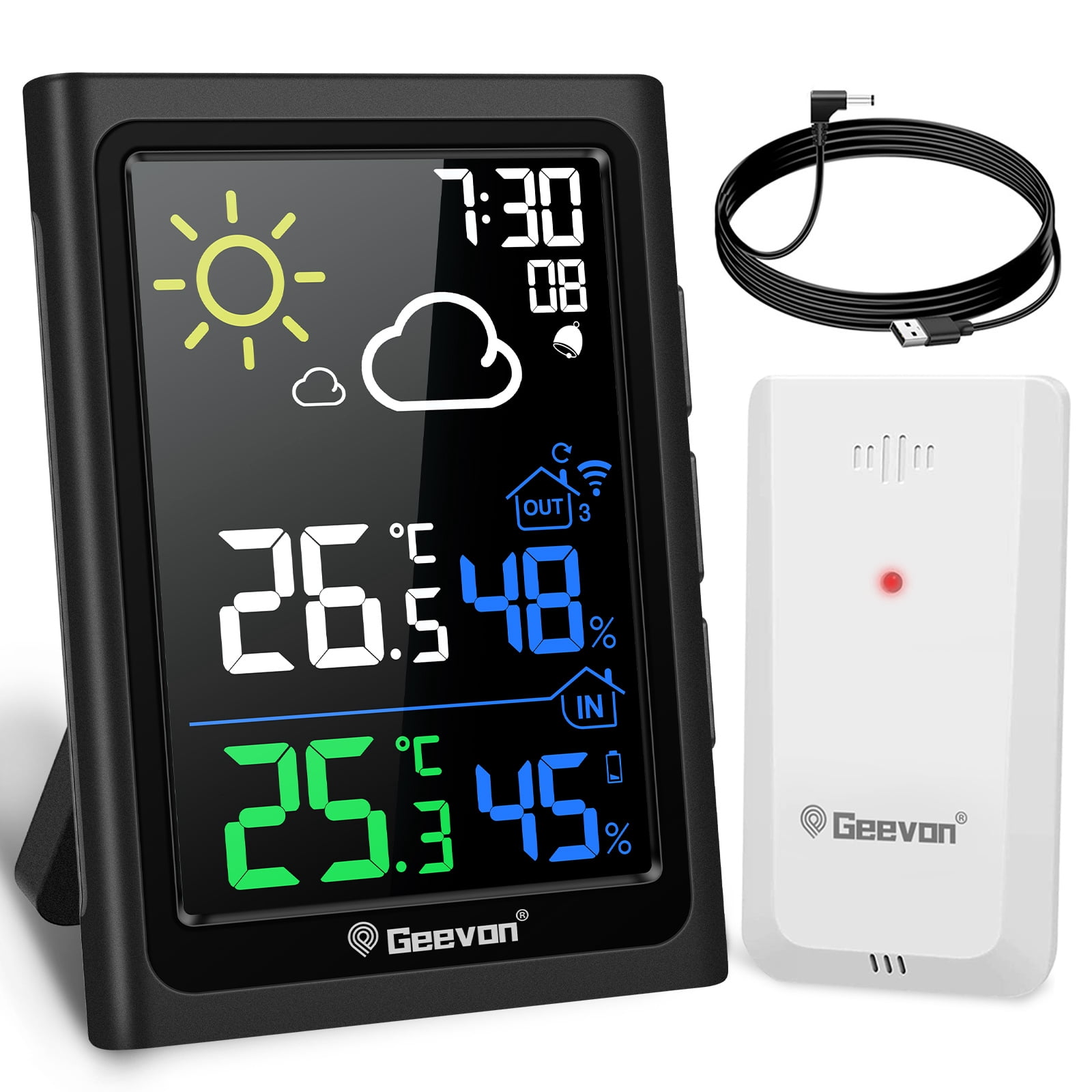 Geevon Indoor Outdoor Thermometer Wireless, Color Display Weather Station Wireless Indoor Outdoor Thermometer, Temperature Humidity Monitor with Alarm Clock and Backlight