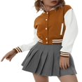 thumbnail image 4 of CenturyX Women Long Sleeve Cropped Baseball Jacket Color Block Button Down Front Open Fashion Bomber Jacket Coat Purple M, 4 of 7