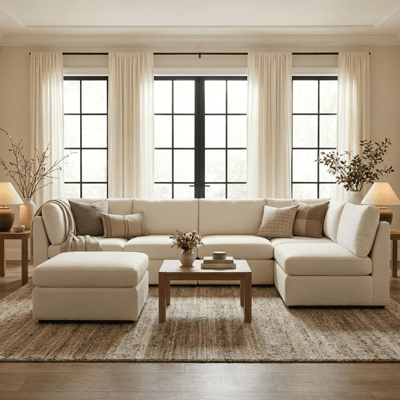 Nest Canapé Sectionnel Modulaire – 6 Places avec Ottoman, Revêtement en Lin Doux, Canapé Moderne en L, outil-Free Assembly, Pattes en Métal Robustes – Parfait pour le Salon et les Petits Espaces
