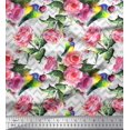 thumbnail image 1 of Soimoi Tissu en Poly Georgette Imprimé Oiseau, Feuilles & Roses au Mètre 42 Pouces de Large, 1 of 3