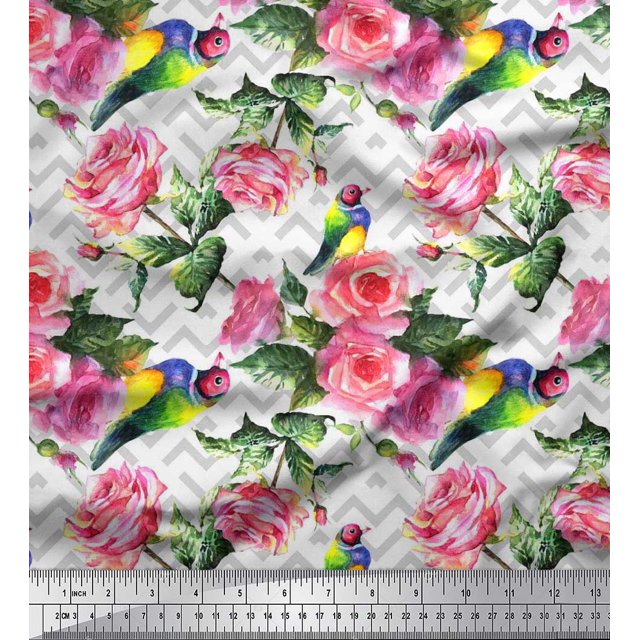 Soimoi Tissu en Poly Georgette Imprimé Oiseau, Feuilles & Roses au Mètre 42 Pouces de Large
