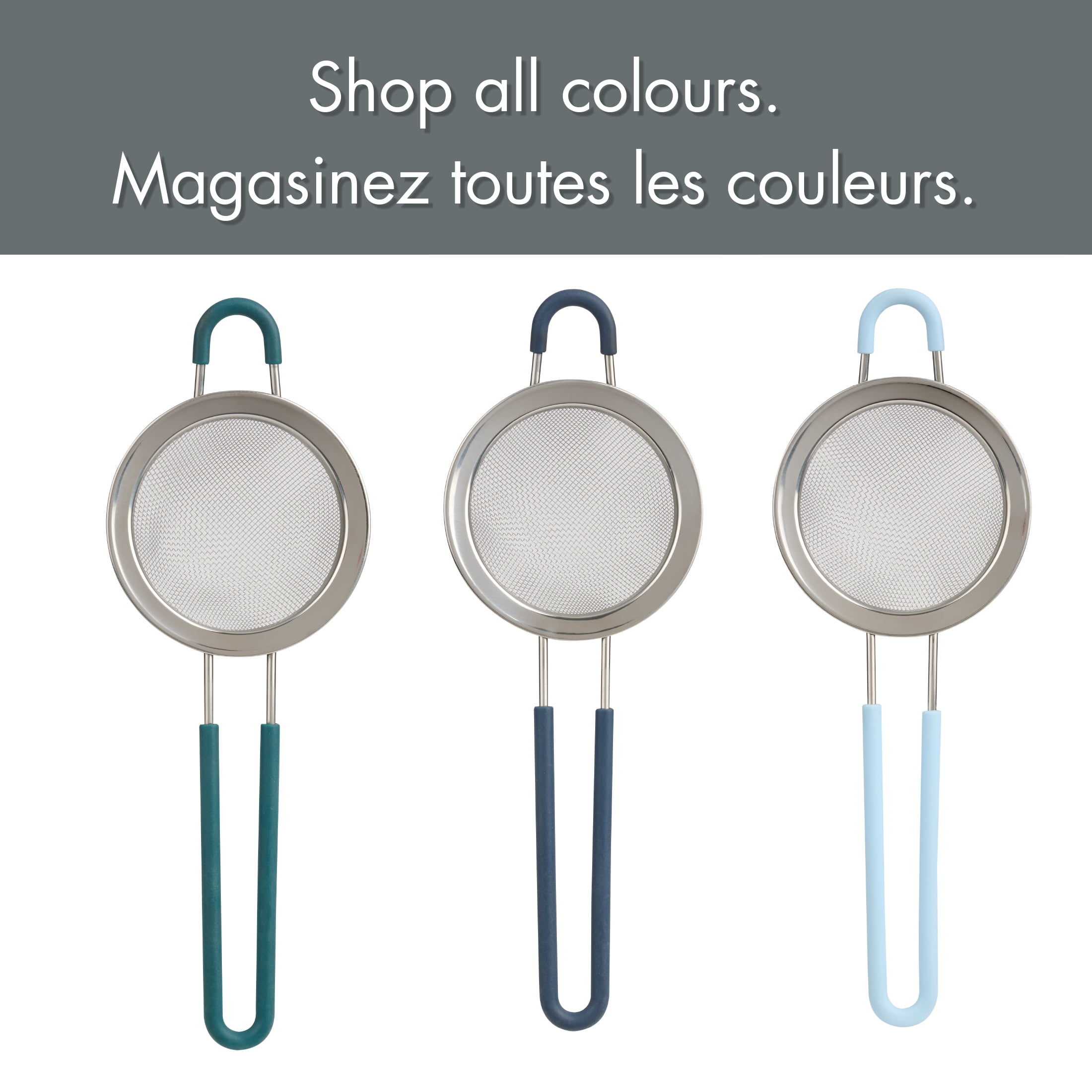 Passoire à maille fine Mainstays avec poignée recouverte de silicone, panier de 23,8 cm, ustensile de cuisine, bleu