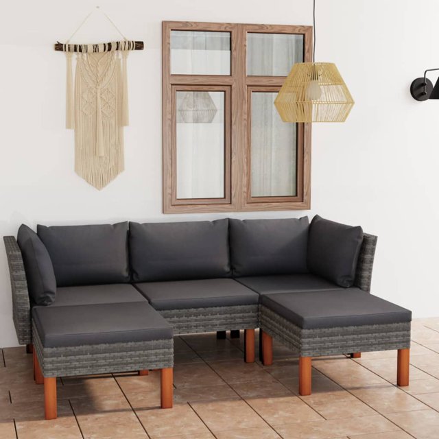 vidaXL 5 Piece Garden Lounge Set with Cushions Poly Rattan Grey
