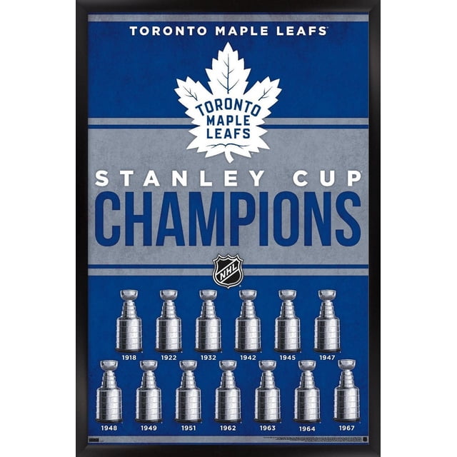 LNH Maple Leafs de Toronto - Champions 23 Affiche Murale, 22,375 Po x 34 Po Présentant une Affiche Bleue et Grise avec le logo Maple Leafs de Toronto Blanc en Haut, Texte Audacieux « Stanley Cup Champions », et Douze Trophées Argentés de la Coupe Stanley Exposés en Deux Rangées avec des Années de Championnat de 1918 à 1967, Imprimés sur du Papier Lustré et Faciles à Accrocher avec Supports Adhésifs Inclus, Idéal pour la Déco de Salle de Sport.