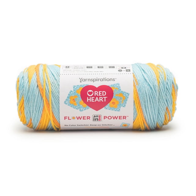 Red Heart® All In One Flower Power™ #4 Worsted (Medium) acrylic yarn skein in blue and yellow with label showing brand logo and floral crochet motif, 8.8oz/250g, 417 yards, designed for continuous flower motifs with fewer ends to weave in.