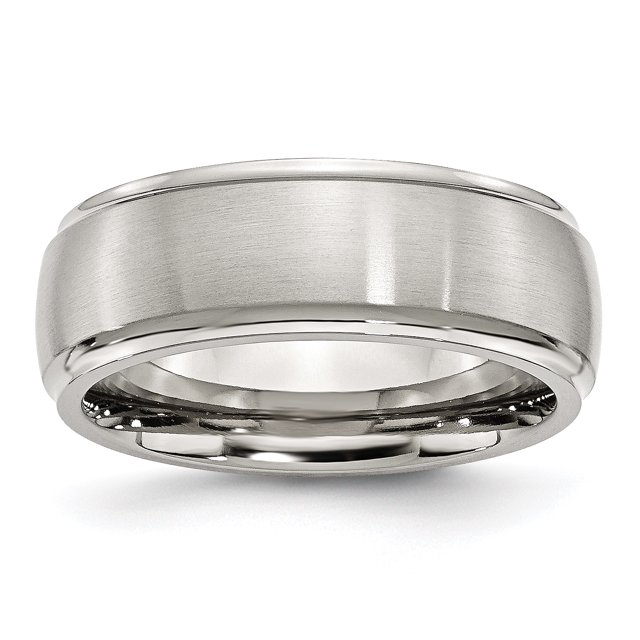 Stainless Steel Ridged Edge 8mm Brushed and Polished Band Ring 12 Size