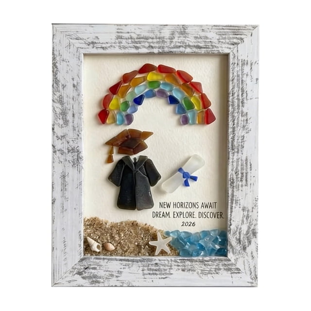 A Wooden Graduation Photo Frame With Sea Glass Design For Diploma Picture Display Desk Shelf Decoration