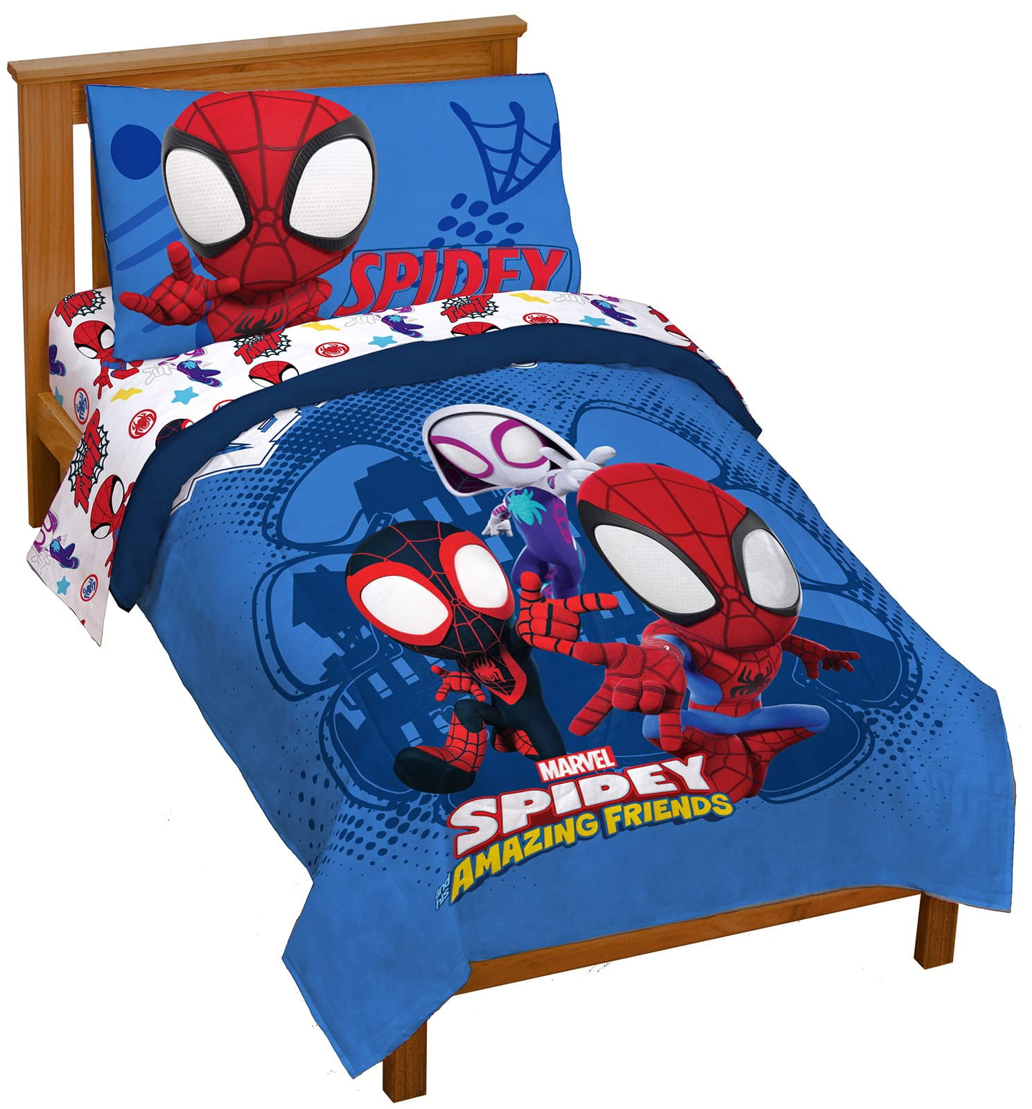 Marvel Spidey and His Amazing Friends Team Spidey 4 Piece Toddler Size Bed Set - Super Soft Microfiber Bed Set Includes Toddler Size Comforter & Sheet Set Bedding (Official Marvel Product)