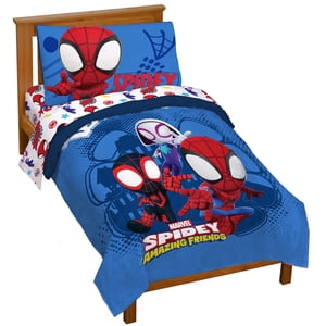 Marvel Spidey and His Amazing Friends Team Spidey 4 Piece Toddler Size Bed Set - Super Soft Microfiber Bed Set Includes Toddler Size Comforter & Sheet Set Bedding (Official Marvel Product)