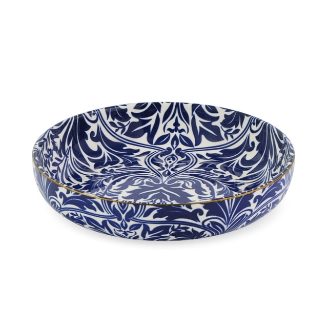 Thyme & Table Nova Bol Bas, Bleu avec Forme Ronde en Céramique, Côtés Bas, Motif floral Complexe Bleu Marine et Blanc, et Rebord Doré, Idéal pour la Vaisselle et les Dressages de Table.