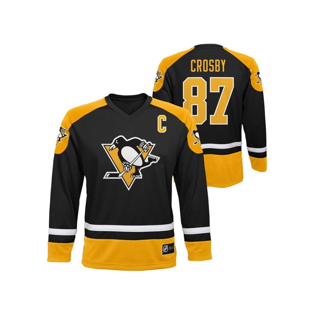Boys NHL Team Jersey in black and yellow polyester mesh with embroidered Pittsburgh Penguins logo and captain's C patch on front, yellow shoulder panels, and white striping on sleeves and hem. Back shows 'CROSBY' and number 87 in yellow block letters. Officially licensed NHL jersey with V-neck and sewn jock tag, available in youth sizes S/M and L/XL, suitable for sports fan apparel.