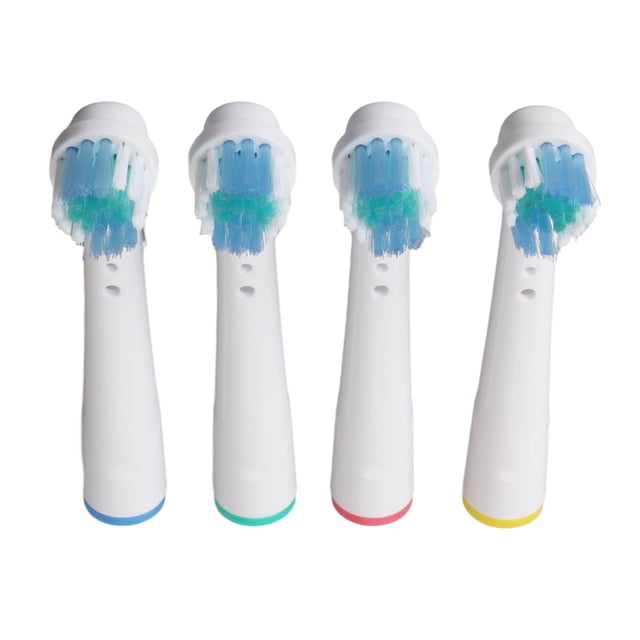 Toothbrush Refill, Electric Toothbrush Head 4PCS Efficient Excellent Cleaning for Oral B P4000 P5000 P6000 P7000. The image shows four electric toothbrush replacement heads made of ABS material, each with blue and green bristles and color-coded bases in blue, green, red, and yellow. These professional cleaning heads are compatible with various Oral B models, including D12, D10, D16, P2000, P4000, P7000, and more.