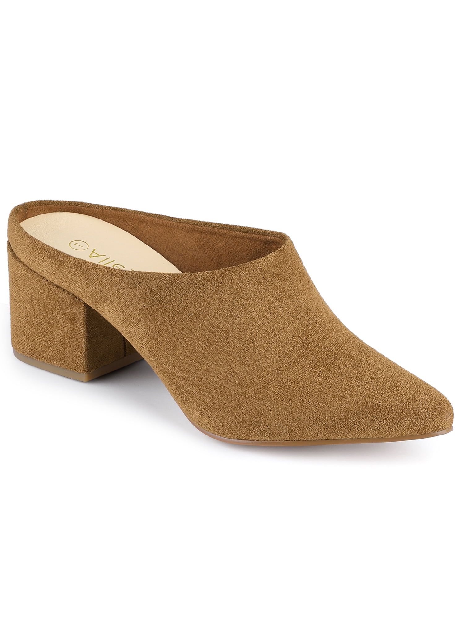 BLISSFUL STEP Women's Slides Block High Heels Slip on Pointed Toe Slide Mules Brown 8.5