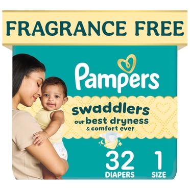 Couches Pampers Swaddlers, taille 1 (3,6 à 6,3 kg/8 à 14 lb), sans parfum, hypoallergéniques, absorbantes, recommandées par les pédiatres, sûres pour la peau, 32 unités