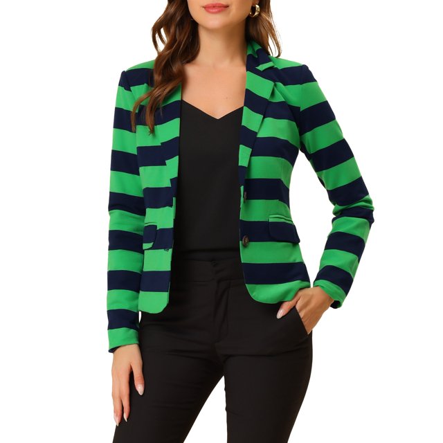 INSPIRE CHIC Blazer à Rayures pour Femme à Revers Cranté, Manches Longues, Boutonné, TP Vert Marine