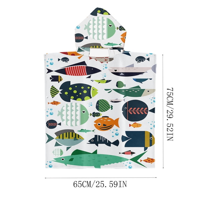 Kids Beach Hooded Beach Changing Towel Swimming Wearable featuring a colourful fish-themed design. Made of lightweight, sand-resistant microfiber, this towel measures 65cm by 75cm and includes a hood for added convenience. Ideal for beach, pool, or outdoor activities, it is highly absorbent, quick-drying, and portable.