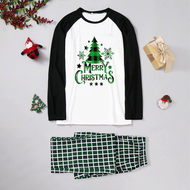 Pyjamas de Noël Assortis pour la Famille Noël Femmes Blouse Imprimée Hauts à Col Rond+pantalons Ensemble de Pyjamas Assortis pour la Famille Pyjamas pour Filles en Liquidation