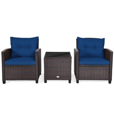Patiojoy 3PCS Wicker Cushioned Conversation Set Outdoor Rattan Furniture w/Navy Cushions