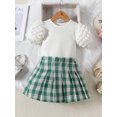 thumbnail image 2 of Honganda 1-6Y Toddler Girl Summer 2Pcs Outfit Solid Ribbed Bubble Short Sleeve Tops with Plaid Print A-Line Skirt Set, 2 of 9