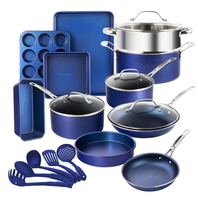 Granitestone Blue Complete Cookware & Bakeware Set Pots and Pans Set 20 Pcs with blue titanium and diamond-infused nonstick coating, stainless steel handles, glass lids, a stainless steel steamer insert, and blue bakeware including muffin, loaf, square, round, and cookie pans, plus a matching blue 5-piece kitchen utensil set, all displayed on a white background, suitable for healthy, oil-free cooking and easy cleanup.