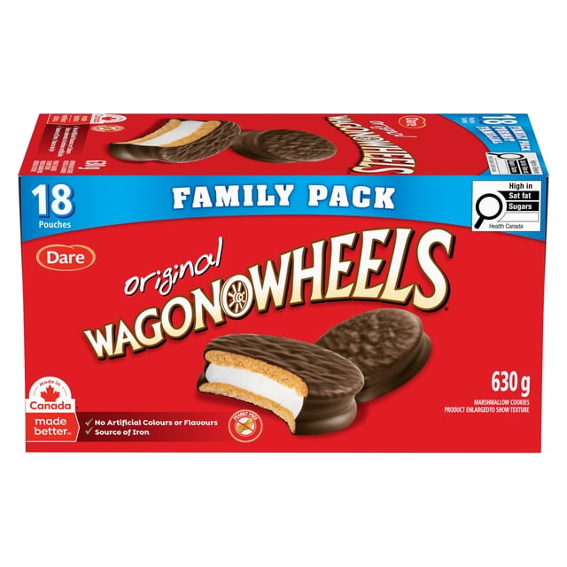 Wagon Wheels Cookies, Dare family pack box with 18 individually wrapped marshmallow cookies featuring chocolate-coated biscuit layers and a soft marshmallow centre, peanut-free, made in Canada with no artificial colours or flavours, source of iron, 630 g, ideal for lunch boxes or on-the-go snacks.